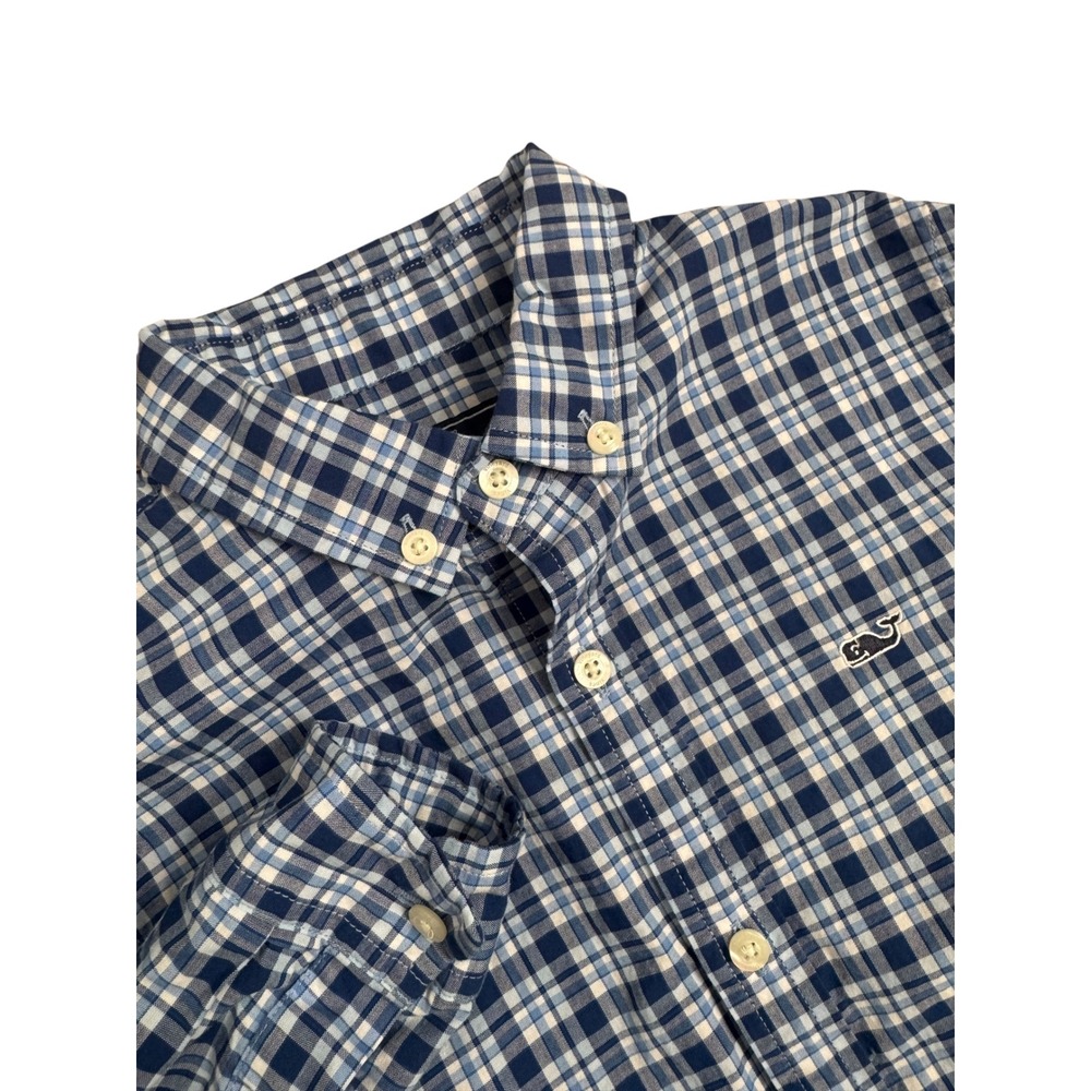 Vineyard Vines Boys Blue Plaid Whale Shirt Cotton Long Sleeve Button Down Size 7